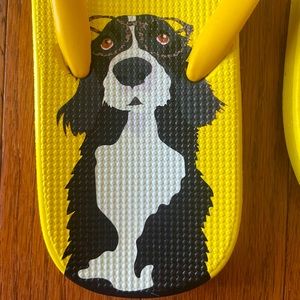 Joules Flip Flops women’s yellow with cute dog size 6 women’s